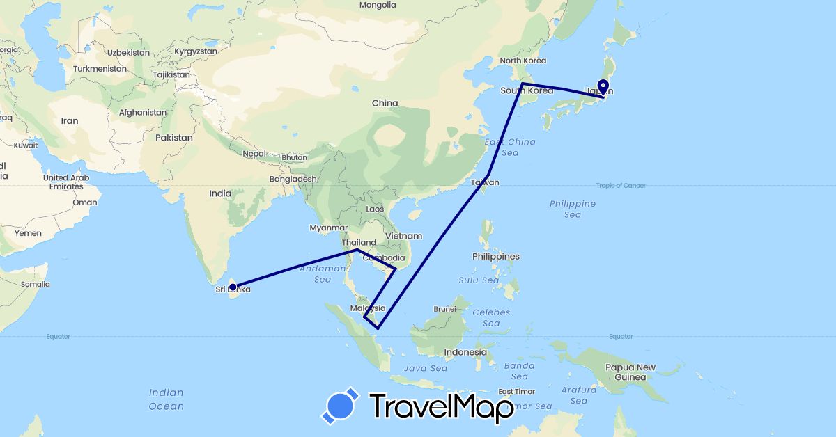 TravelMap itinerary: driving in Japan, South Korea, Sri Lanka, Malaysia, Singapore, Thailand, Taiwan, Vietnam (Asia)